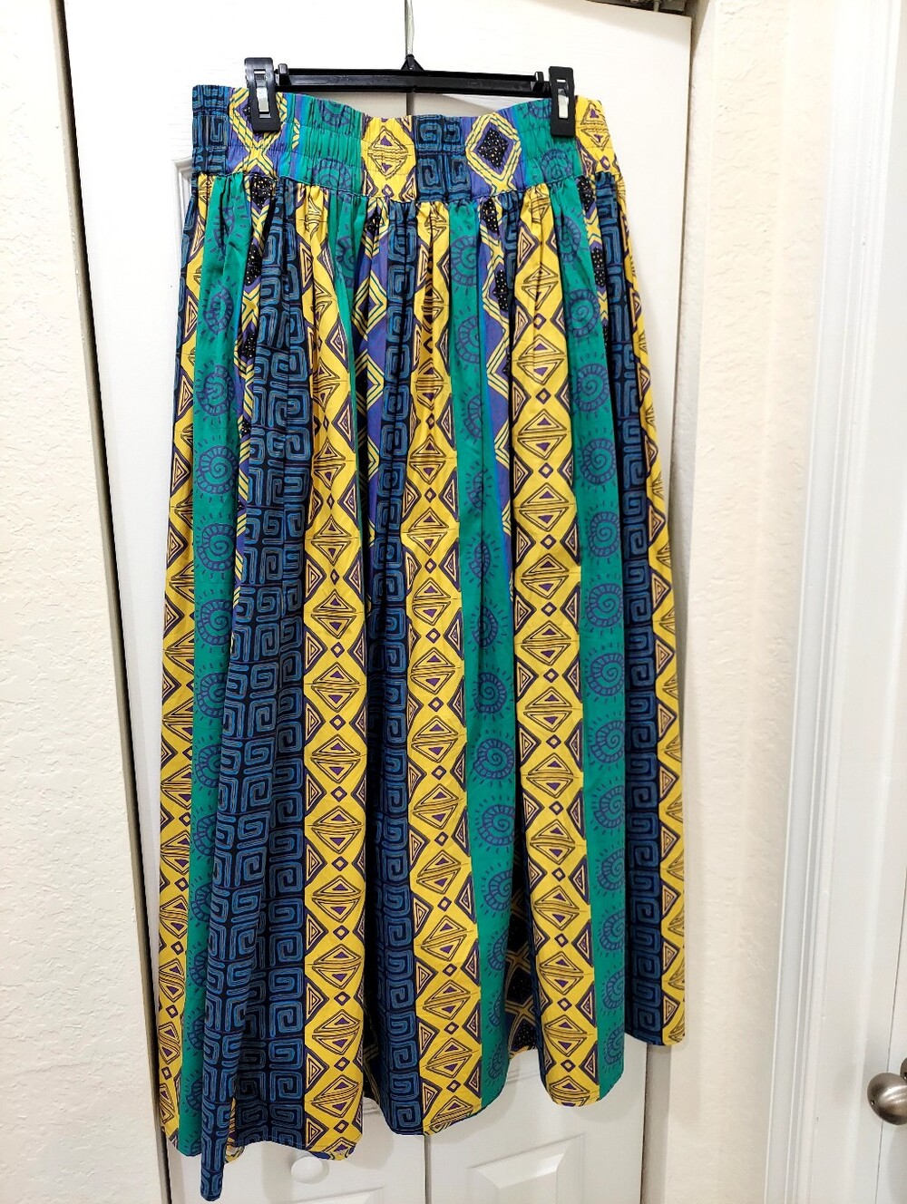 Sassy Jones Geometric Panel Maxi Skirt in Yellow, Teal & Navy